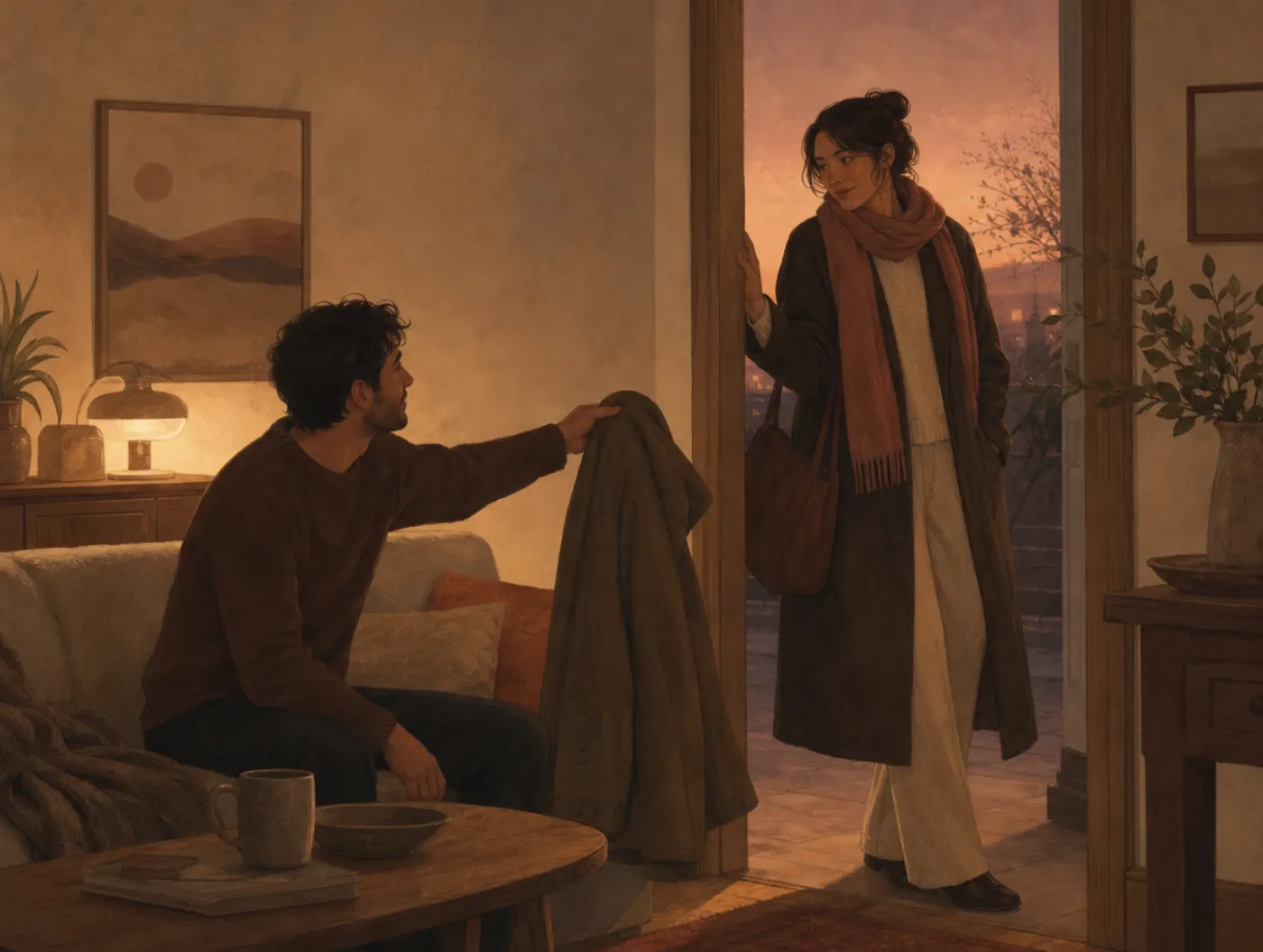 Emotionally Unavailable Test: a person half out the door, hand on the frame, while a partner holds out a coat