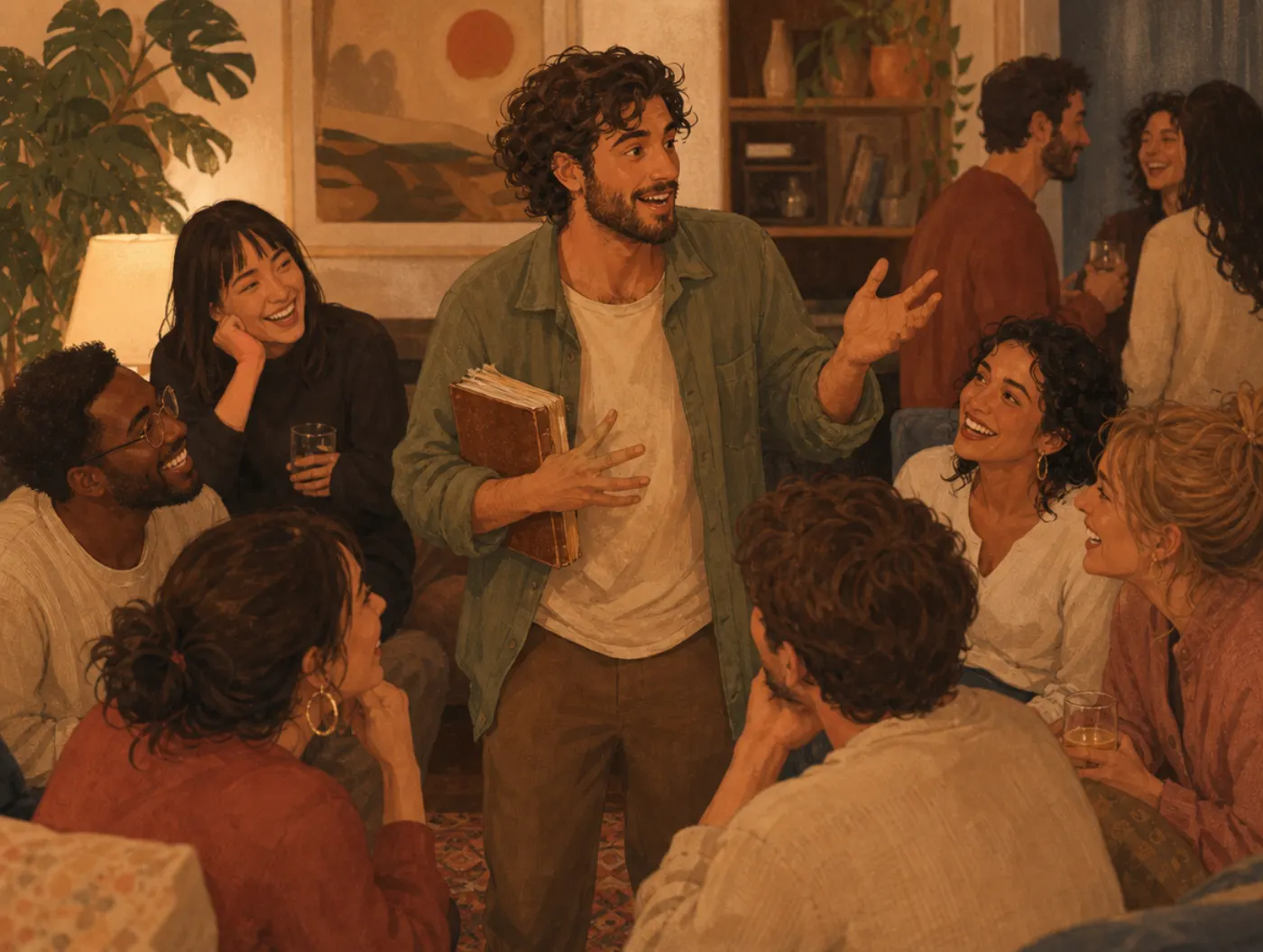 ENFP or INFP? Which Type Are You: a host entertains a living-room party, journal tucked under one arm