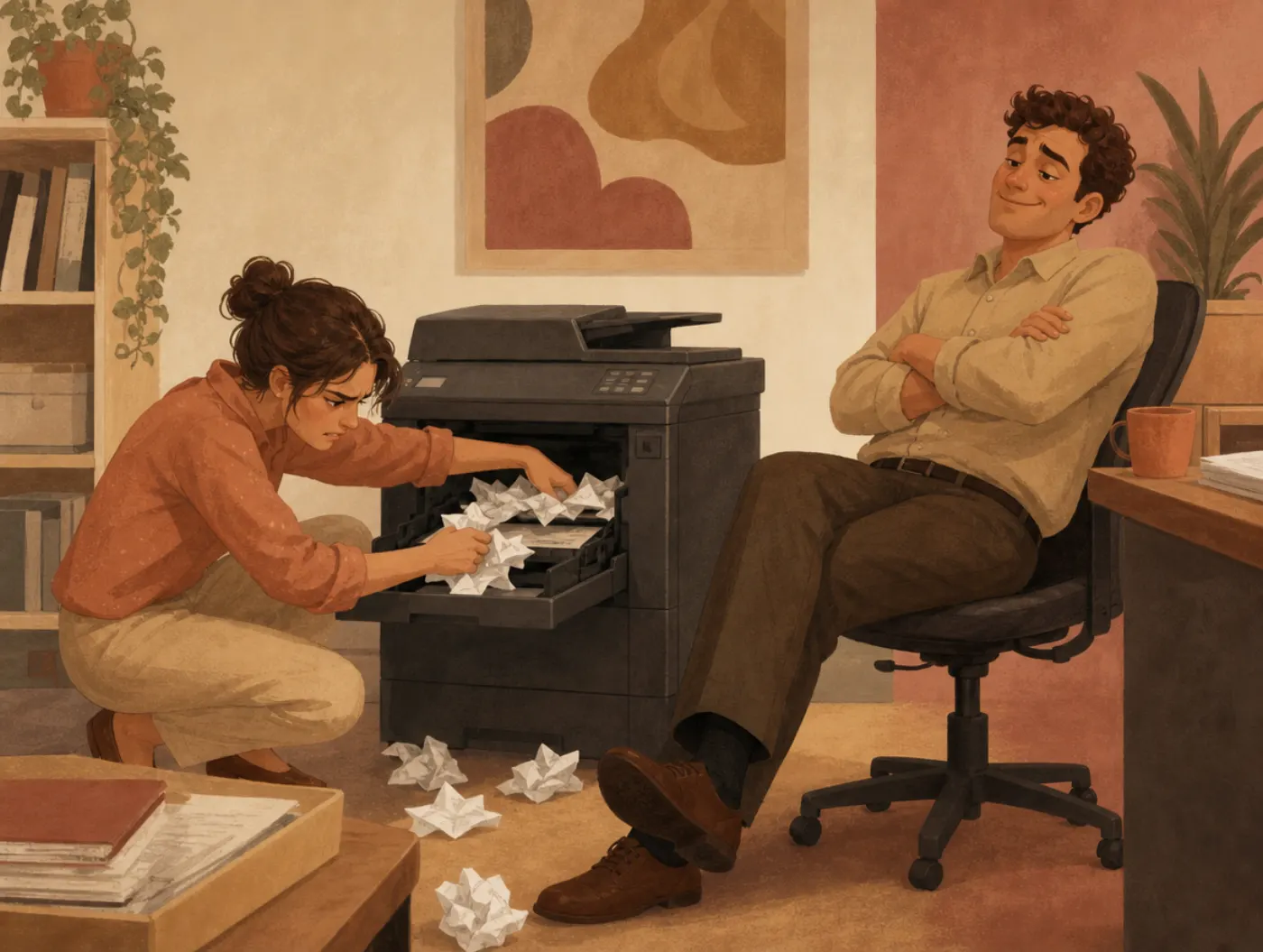 Everyday Sadism Test: a coworker smirks, arms crossed, while a colleague struggles with a jammed printer