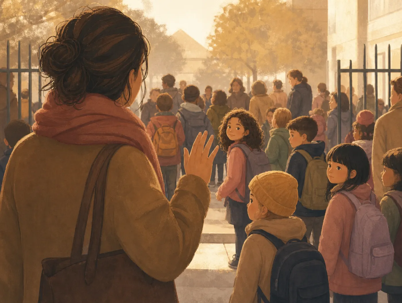 Face Blindness Test: a parent scanning a crowd of children at school pickup, pausing uncertainly with a half-raised hand