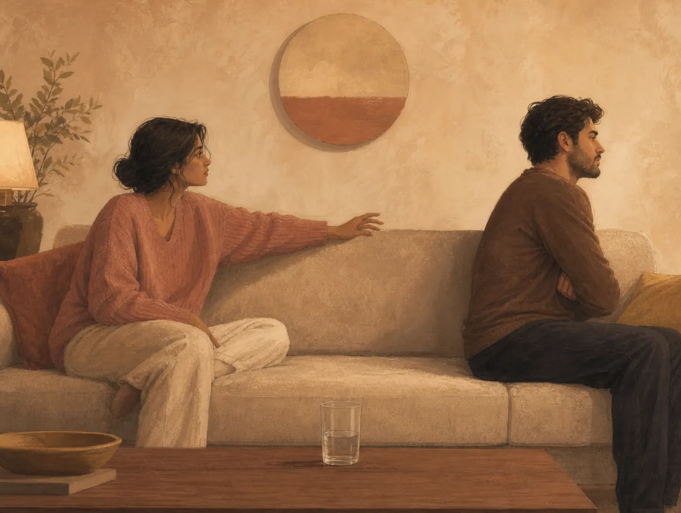 Fear of Intimacy Test: a man on a sofa shifts away as his partner reaches toward him, a wall clock above them