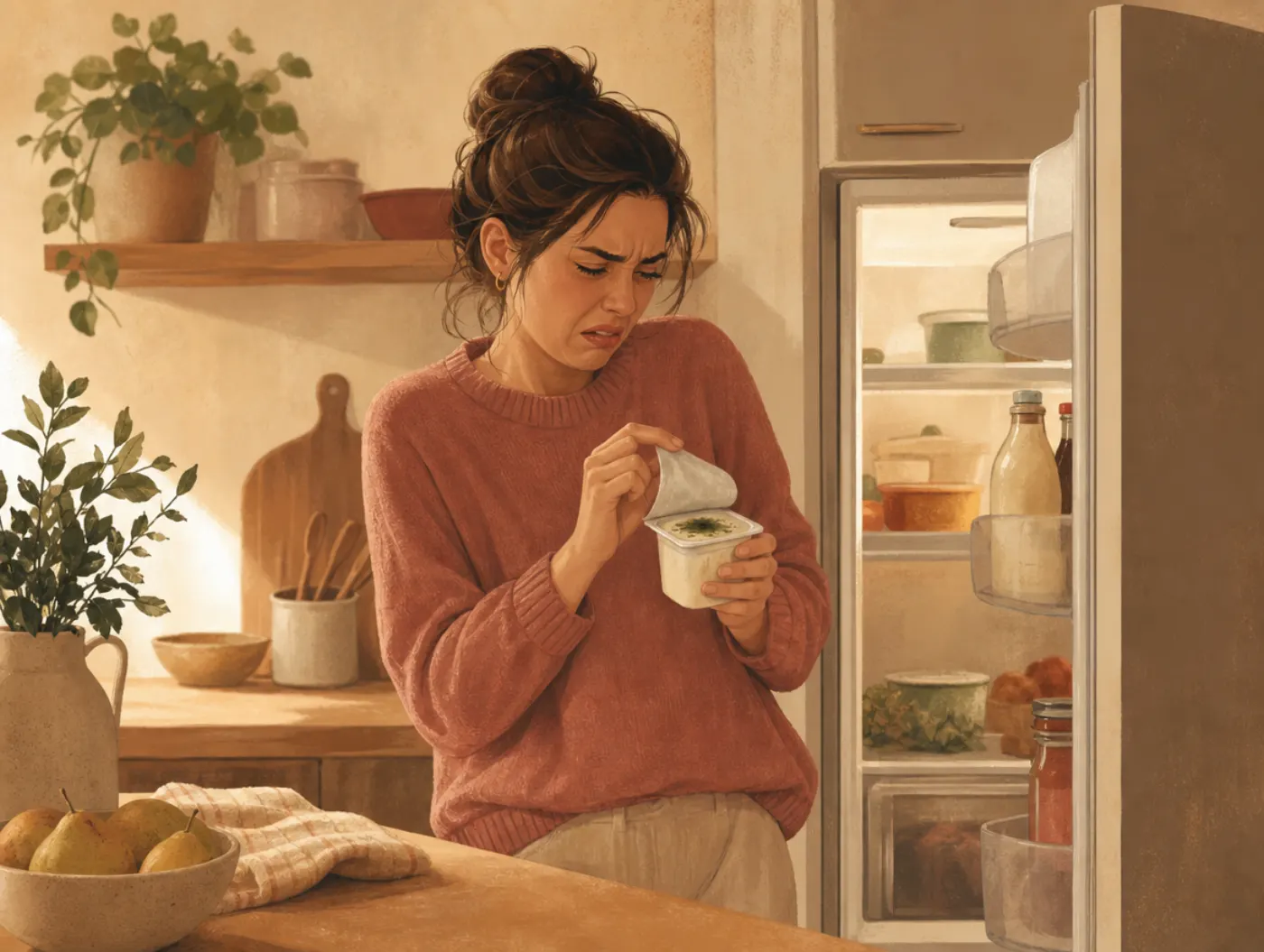 Food Disgust Test: a person recoiling at a kitchen counter after spotting mould on an opened yogurt lid