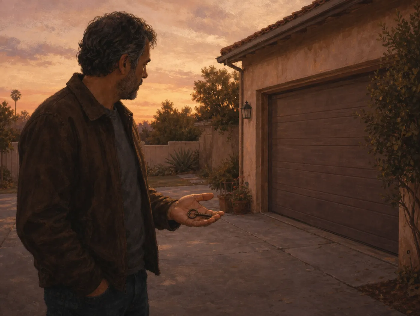 Forgiveness Test: a man on a dusky driveway opens his clenched fist to reveal an old key, facing a closed garage door