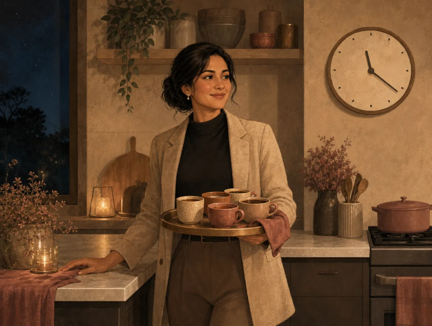 High-Functioning Anxiety Test: a calm-faced woman in a tidy kitchen past midnight, gripping the counter edge