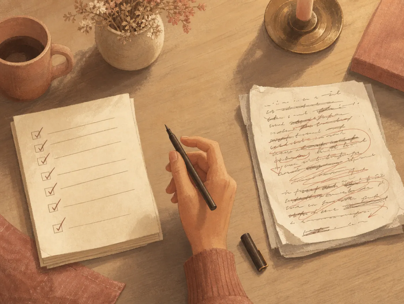 INFP or INFJ? Which Type Are You: a hand hovers between a checklist and a revised handwritten letter