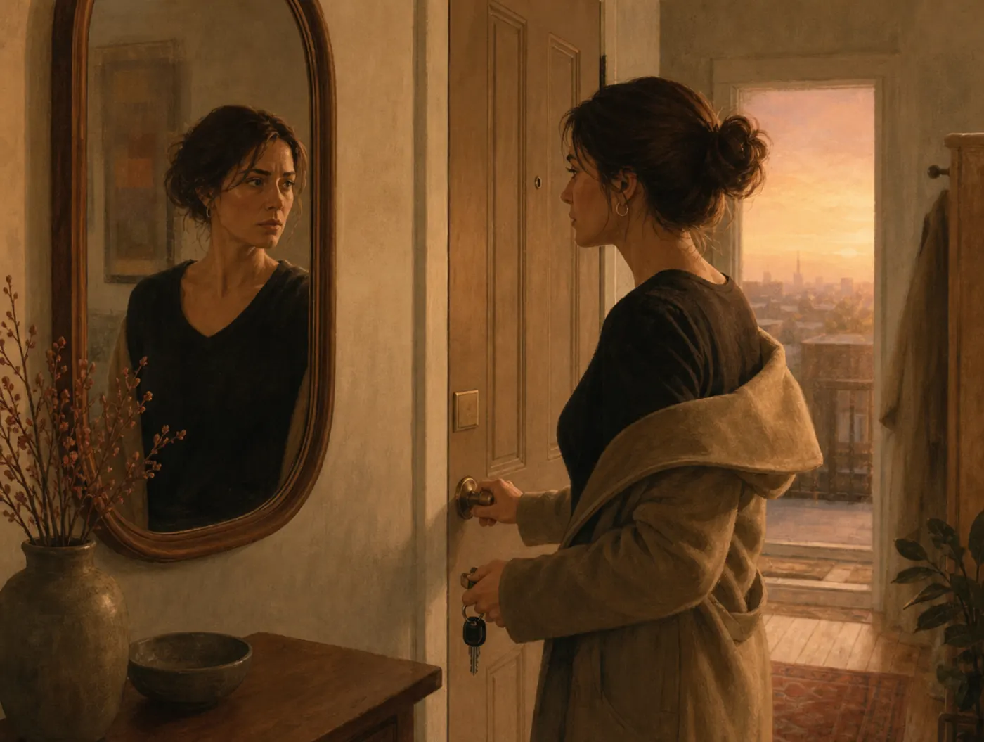 Inner Saboteur Test: a woman in a coat stops at her front door, hand on the knob, frowning at her own mirror reflection