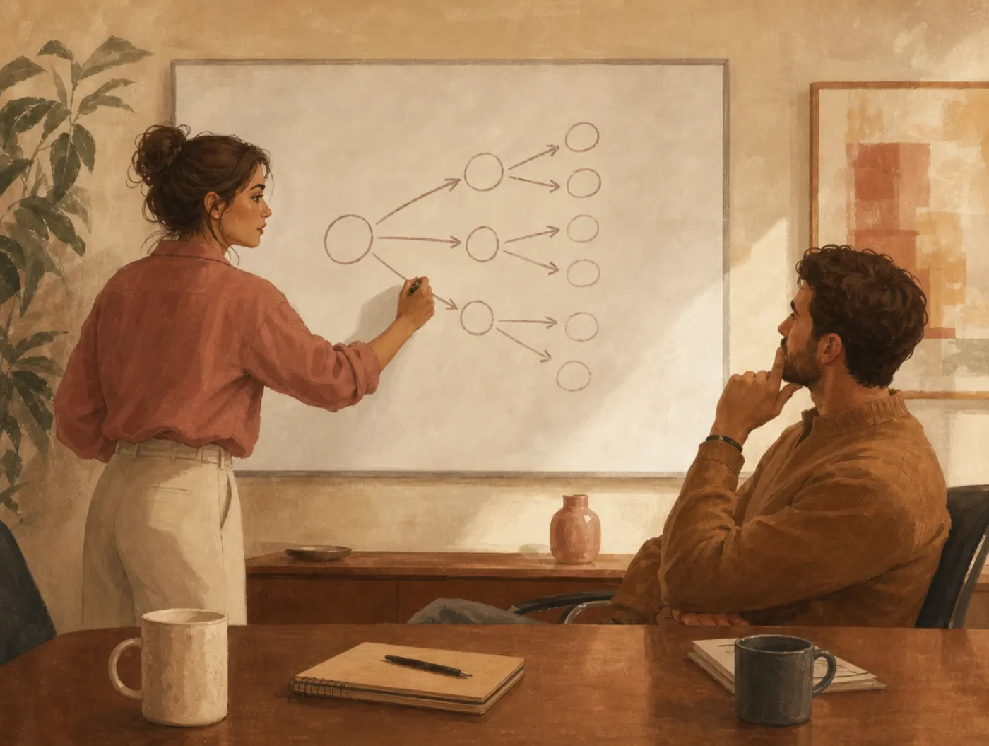 INTJ or INFJ? Which Type Are You: two coworkers after a disagreement, one diagrams, the other watches quietly