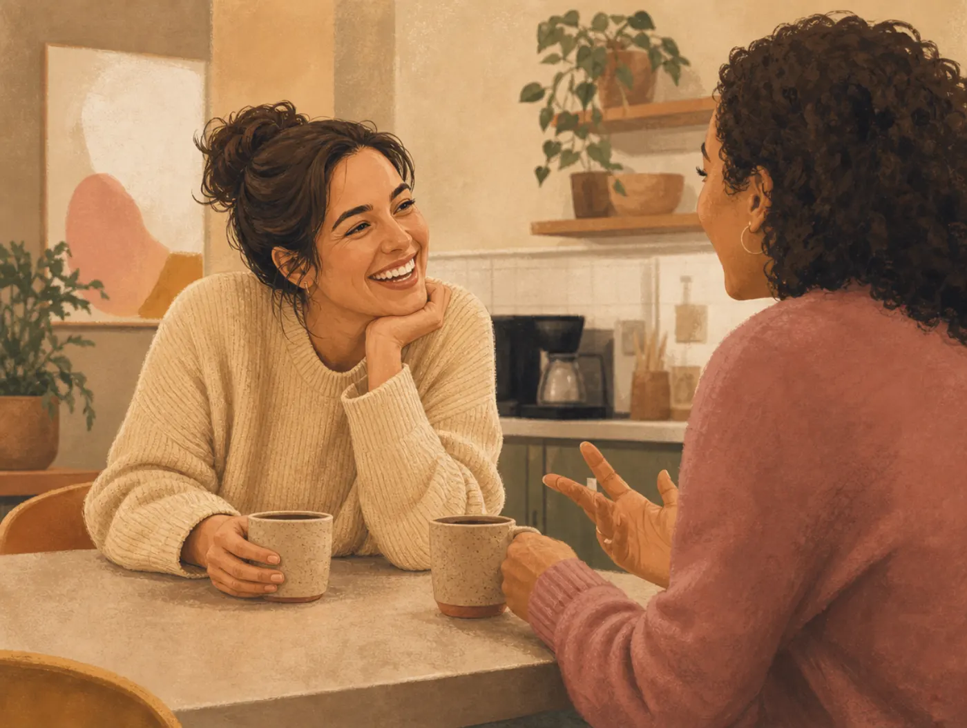 Likeable Person Test: a coworker leaning in, laughing warmly, sliding a second coffee across the table