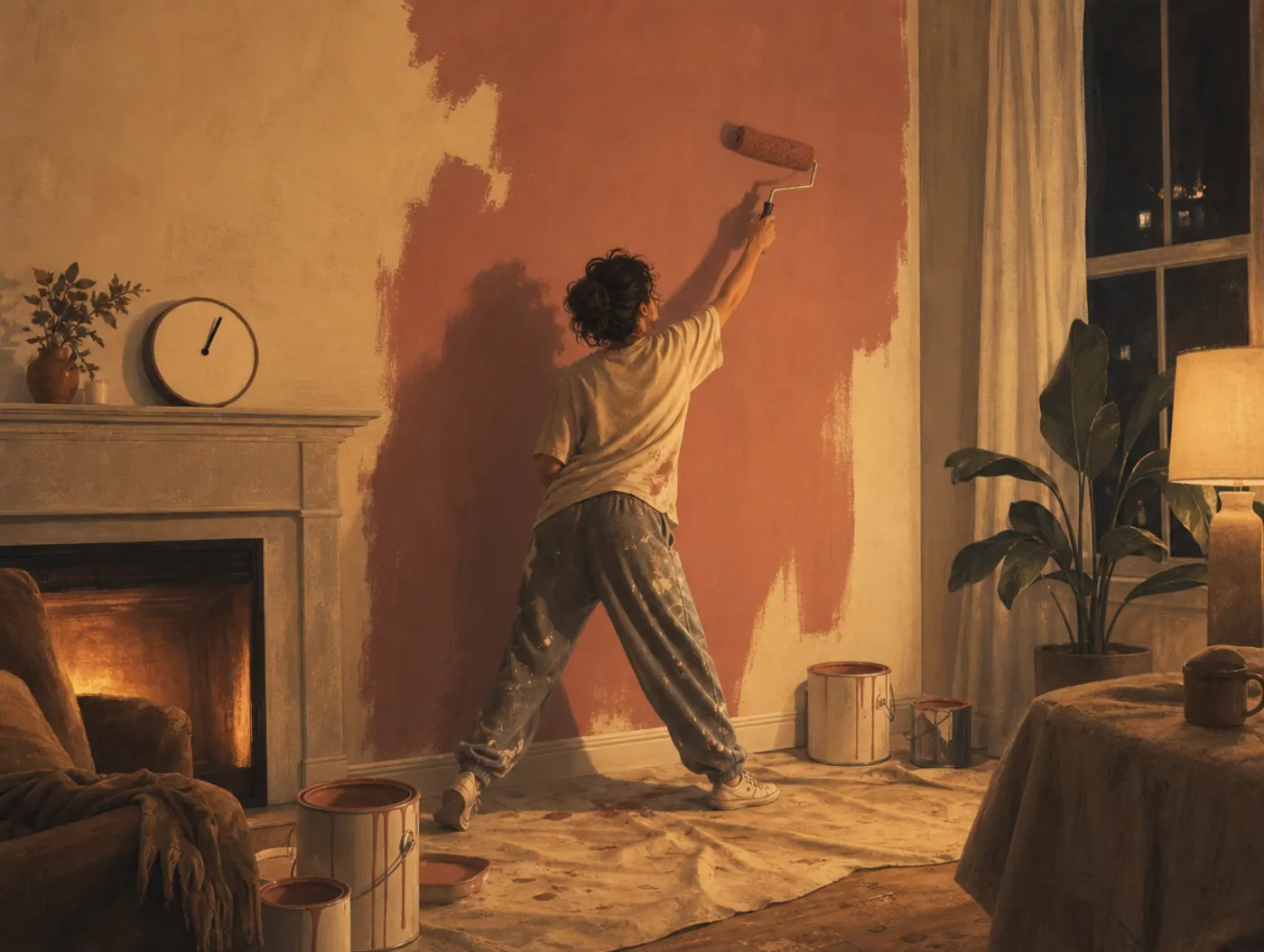 Mania & Hypomania Test: a person repainting a living room wall at 2am, paint cans open, clock reading 2:00