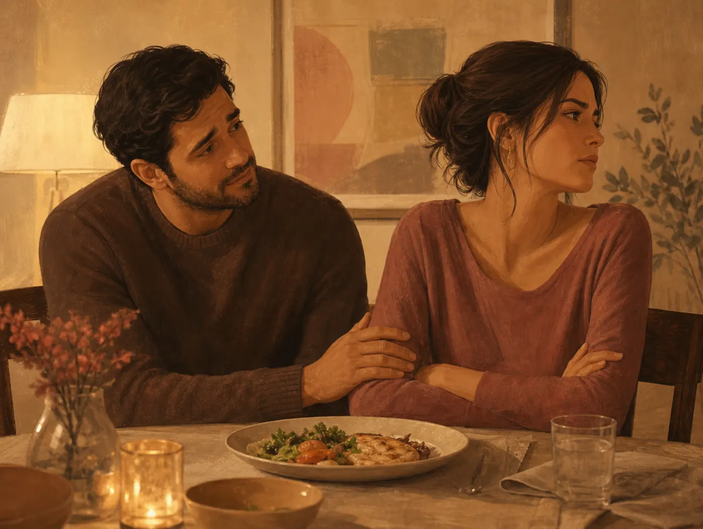 Am I Manipulative? Test: a man smiles and touches his partner's arm to win her over as she looks away