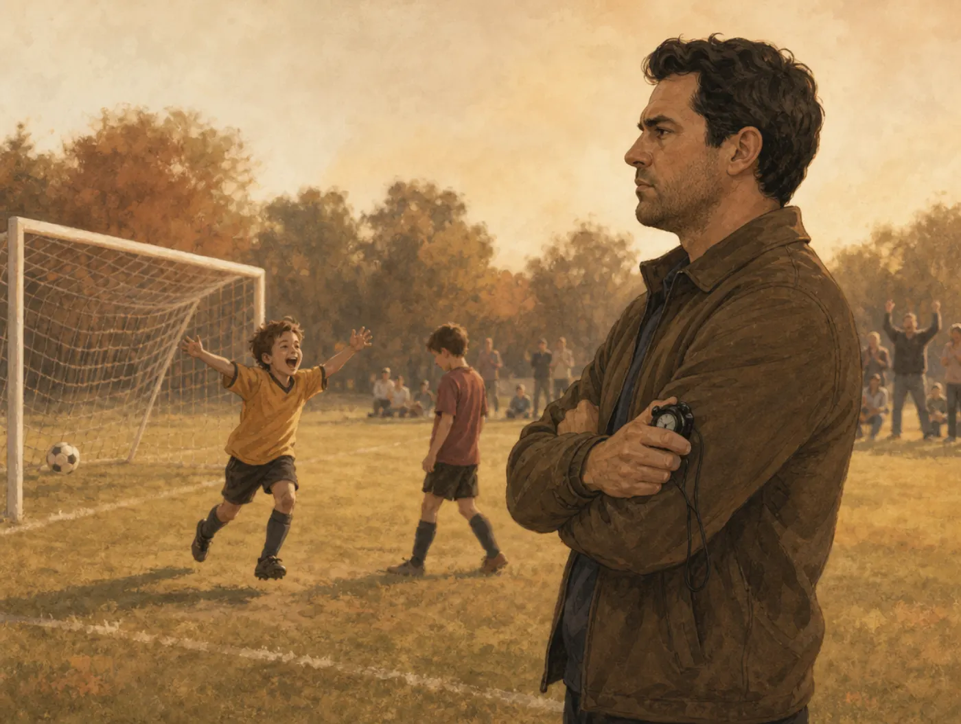 Toxic Masculinity Test: Masculine Norms Self-Check: a father stands on the sideline with his arms crossed and a stopwatch in hand, watching the activity.