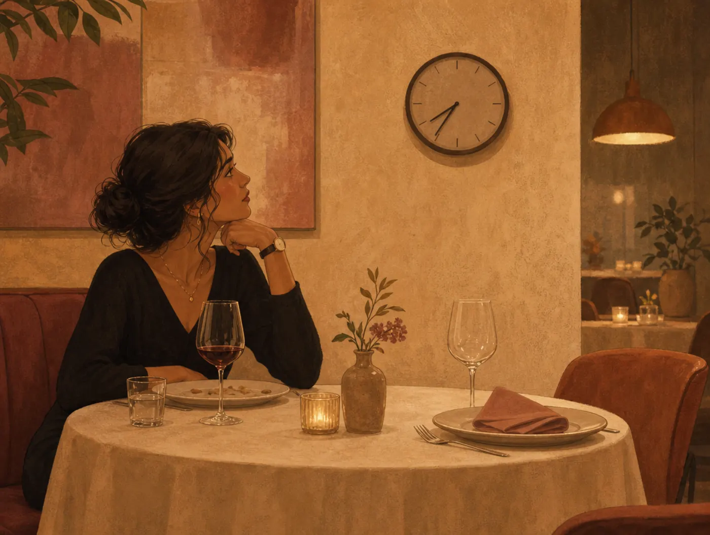 Self-Defeating Personality Test: alone at a table for two, the second seat untouched as time passes