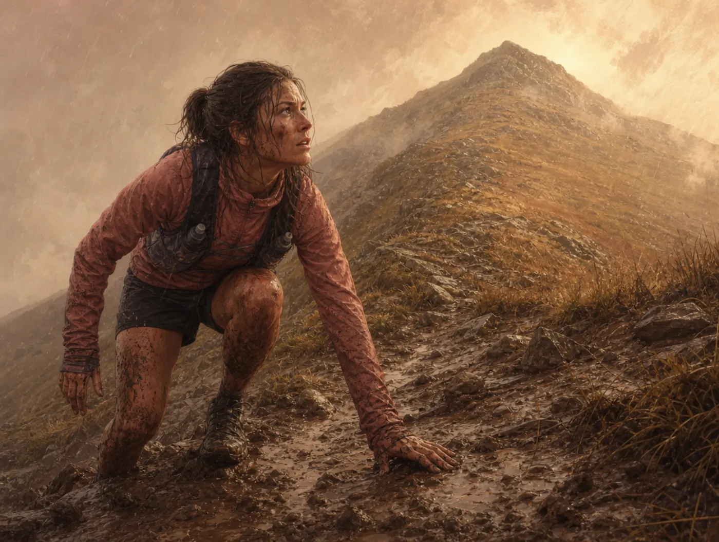 Mental Toughness Test: a trail runner slips on a wet hillside, hand in the mud, jaw set, looking up toward the summit