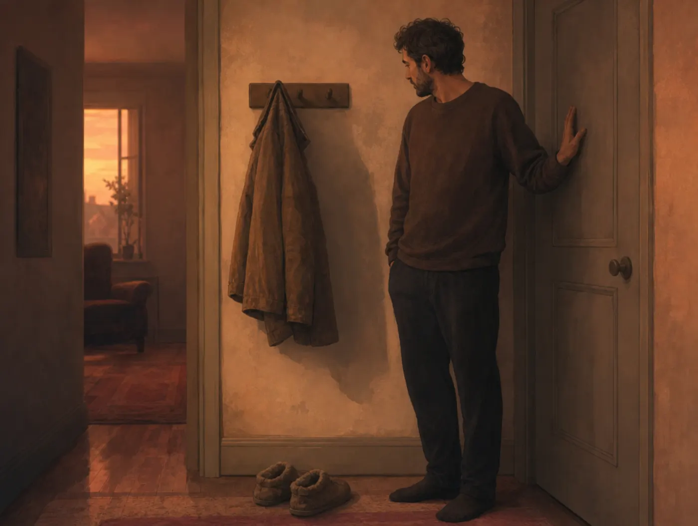 Mommy Issues Test: an adult in a dim hallway, hand on a closed door, glancing back at a coat and worn slippers