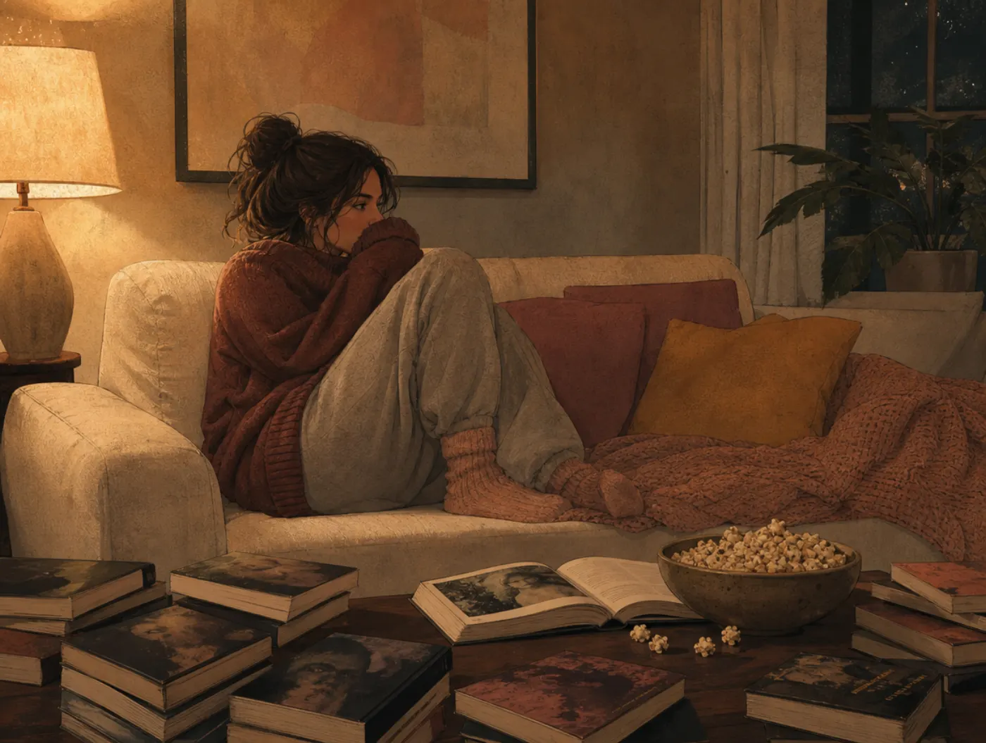 Morbid Curiosity Test: a person alone on the couch at midnight surrounded by true-crime paperbacks