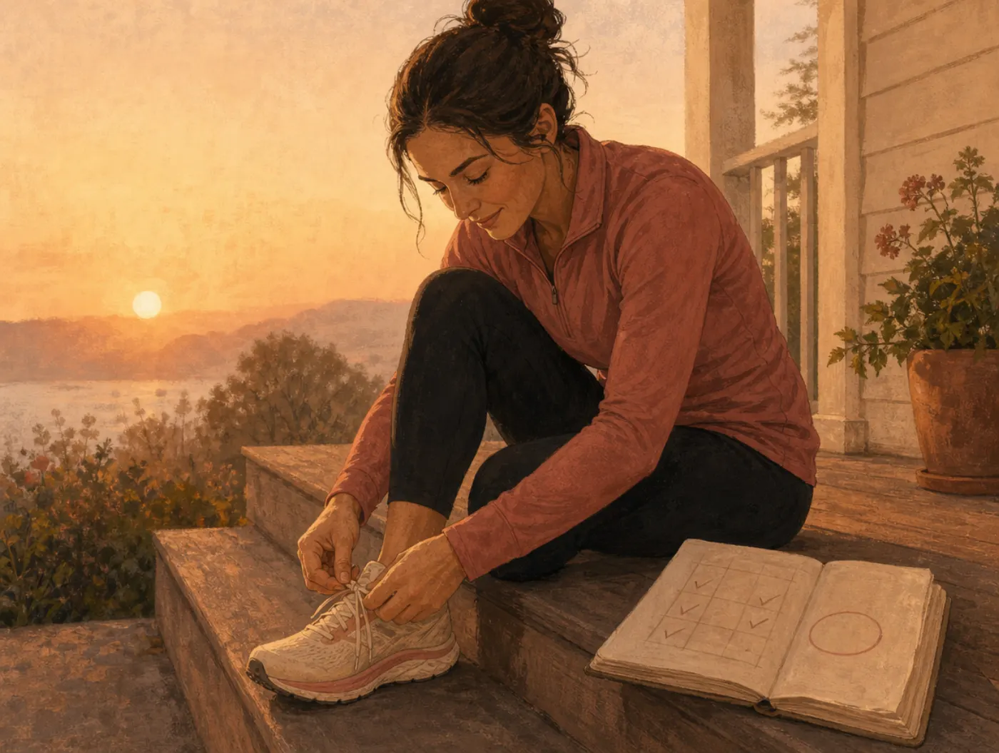 Motivation Test: What Drives You: a runner laces up shoes at dawn beside a training log containing checkmarks and a circled goal for the training ahead.