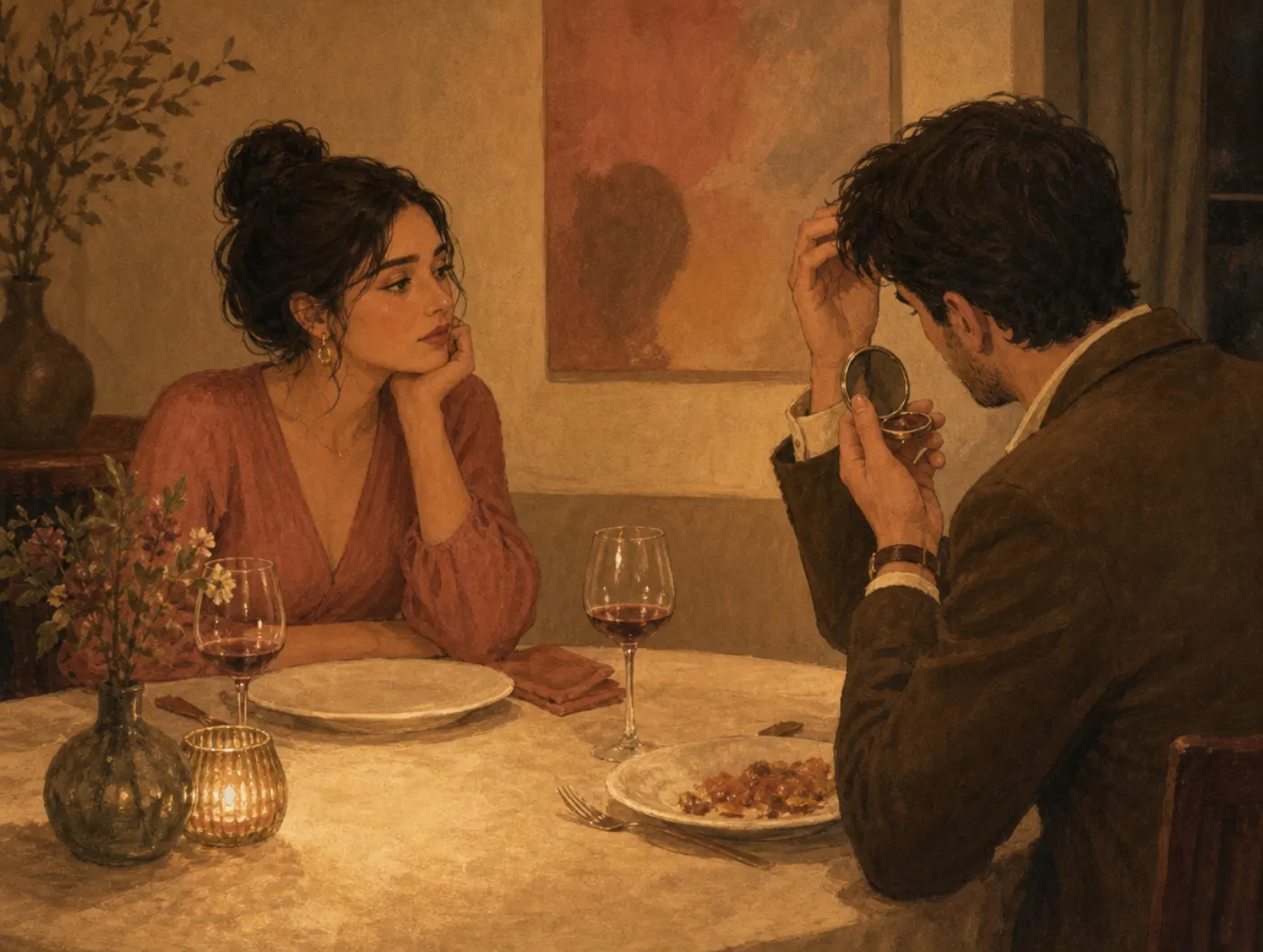 Narcissistic Partner Test: a woman waits at dinner while her partner checks a pocket mirror