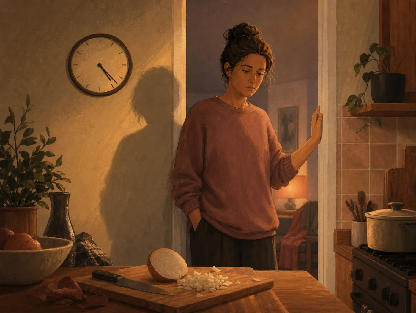 OSDD Test: adult in a kitchen doorway, hand on the frame, staring blankly at a half-chopped onion, wall clock behind