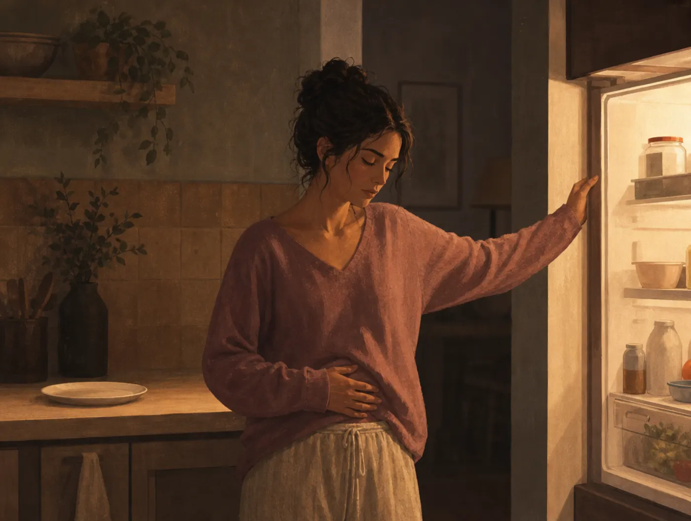 OSFED Test: a woman in a dim kitchen at night, hand on an open fridge door, an untouched plate on the counter