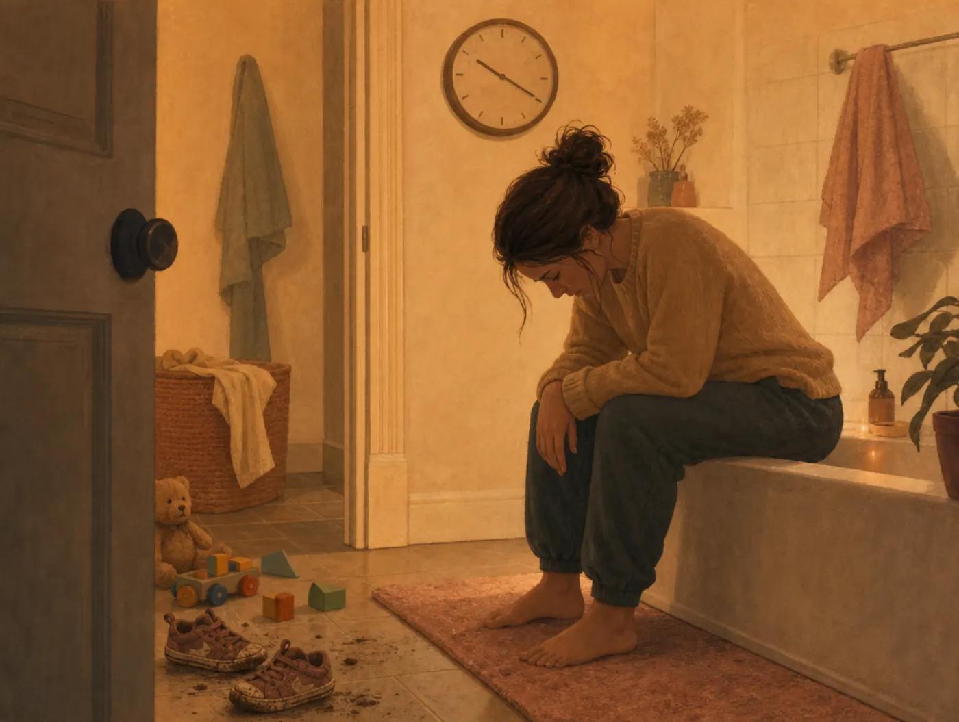 Parental Burnout Test: a tired parent sits on a bathtub edge at night, staring down, toys and small shoes nearby