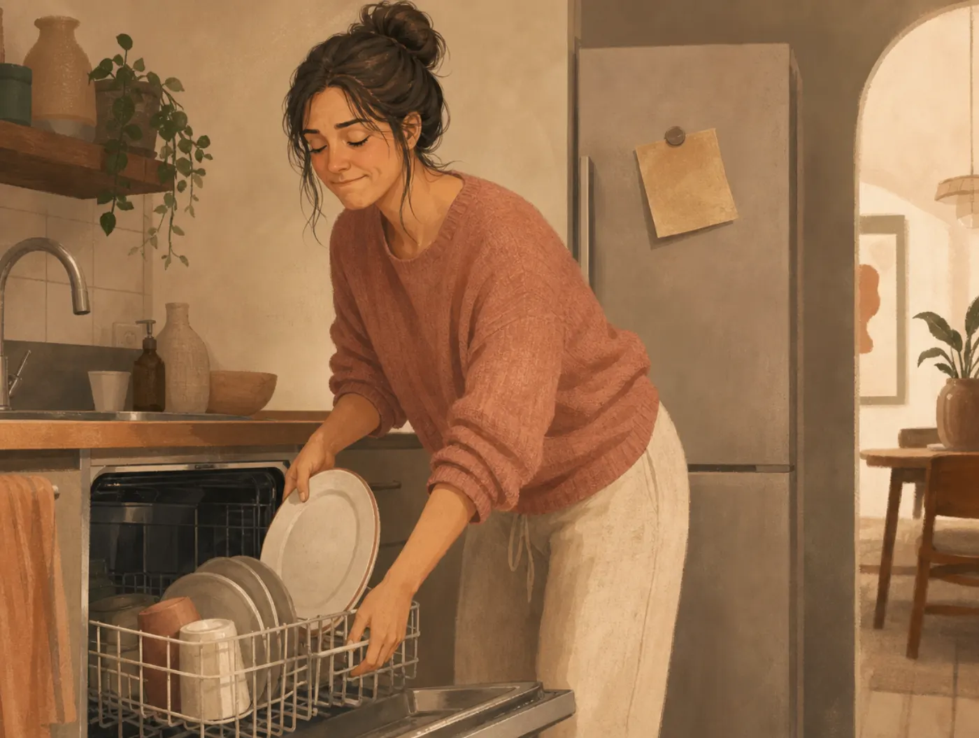 Passive-Aggressive Test: a person loads dishes with a tight smile and stiff posture, with a crooked note about a forgotten favor nearby in the kitchen.