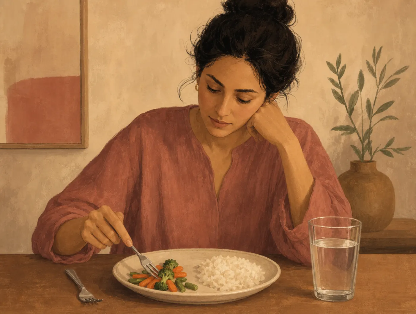 Picky Eater Test: adult separating vegetables from rice on a dinner plate, food untouched and pushed apart