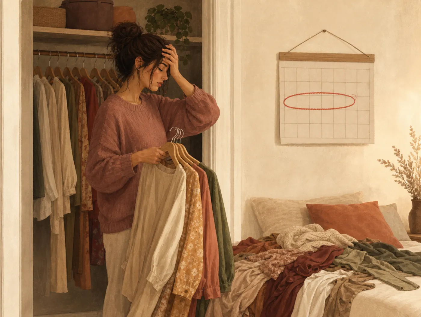 PMDD Test: woman overwhelmed at her closet, clothes piled on the bed, a red-circled week on the calendar behind her