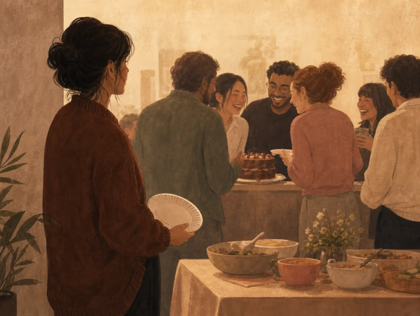 Am I Popular? Quiz: an adult at the edge of a work potluck, watching coworkers laugh together, holding an empty plate