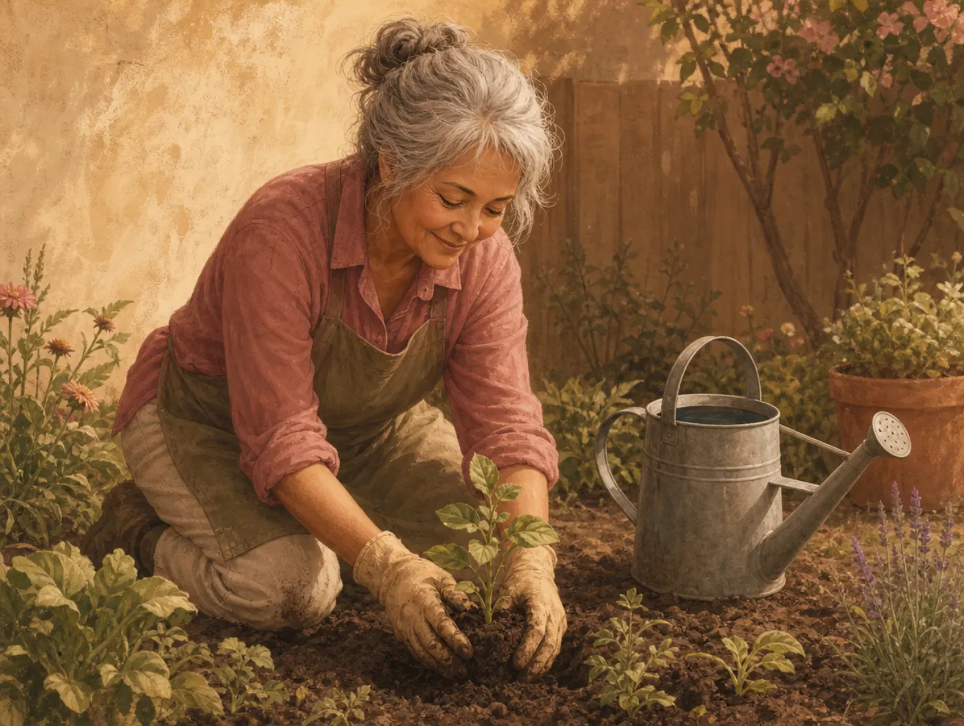 Positive Aging Test: an older woman kneels in her garden and transplants a seedling into fresh soil, with a watering can beside the planting area.
