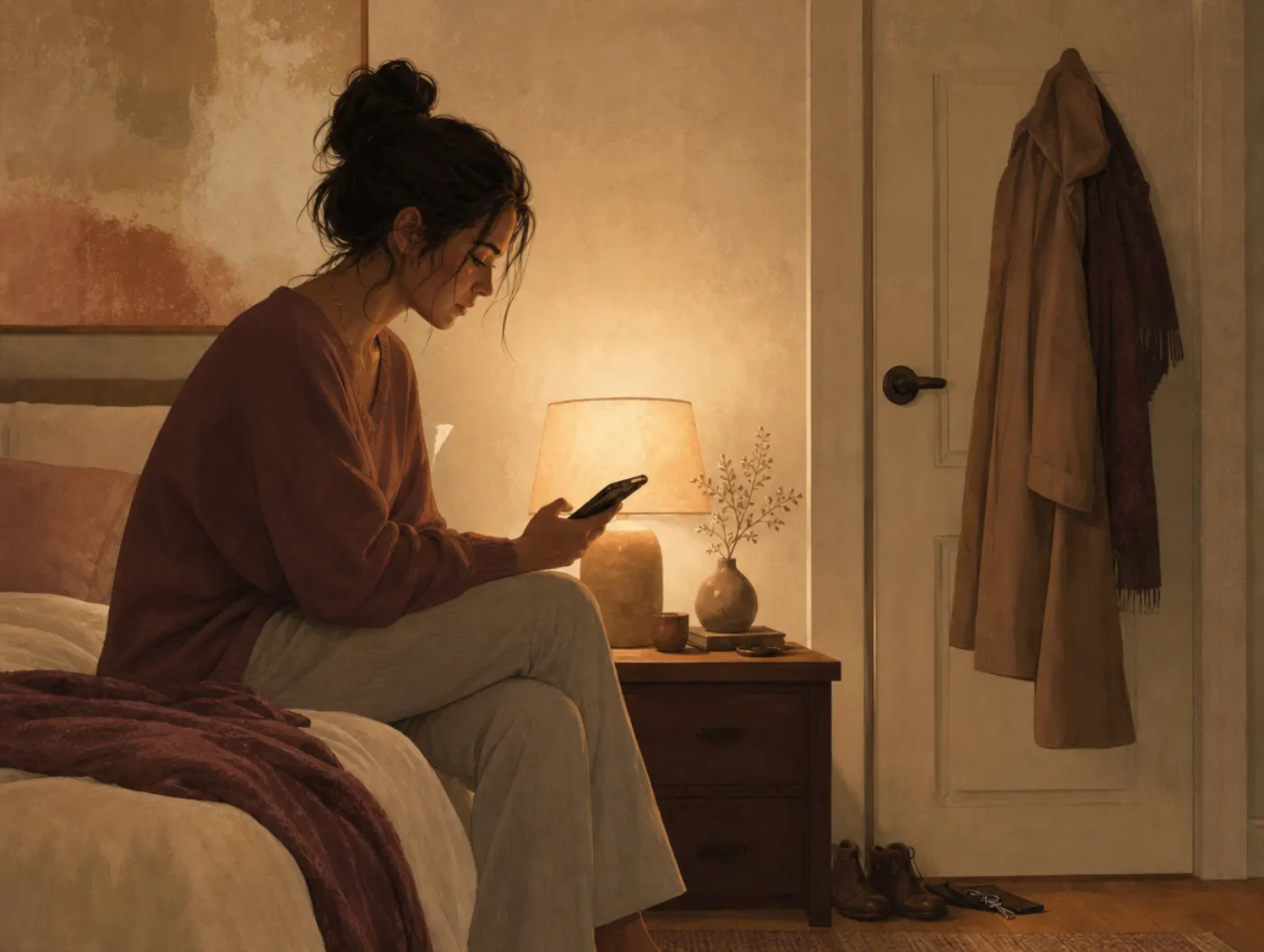 Relationship Red Flags Test: a person checking a partner's phone on the nightstand while a coat waits by a shut door