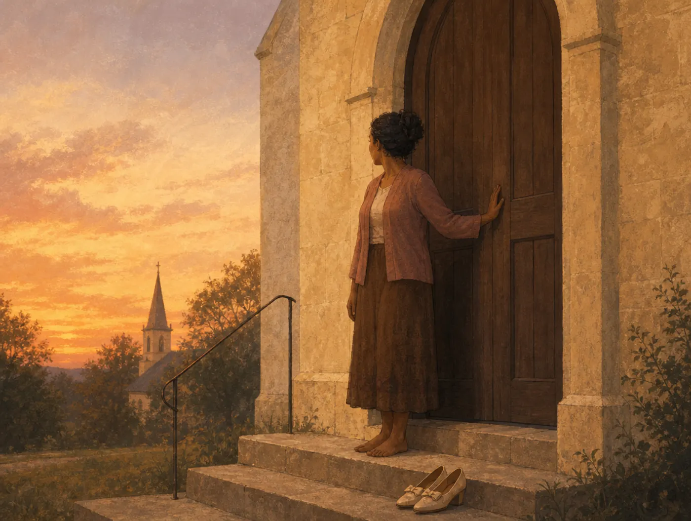 Religious Trauma Test: adult on church steps at dusk, hand on the closed door, looking away, tired but calm