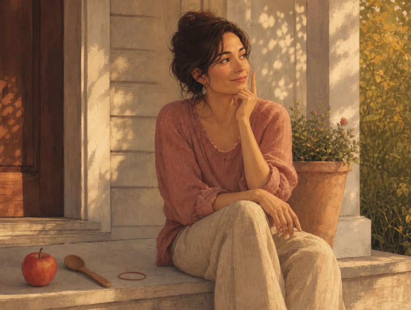 Remote Associates Test: Word Triads: a woman on a porch step pausing with a sudden smile beside three small objects
