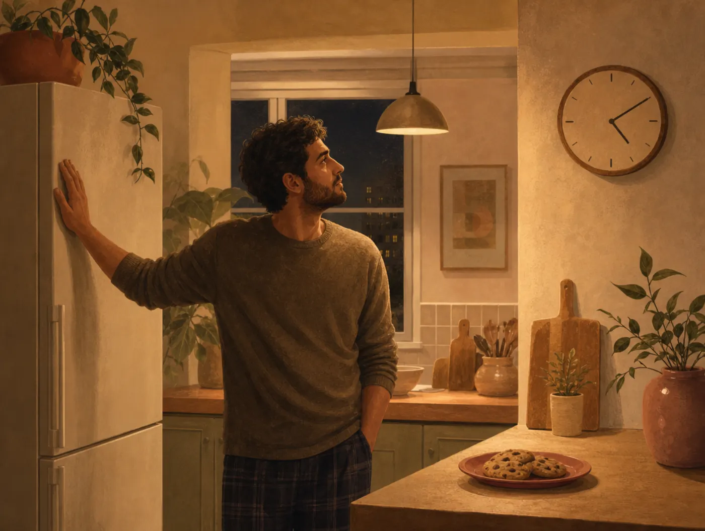 Self-Control Test: a man in a night kitchen resists the fridge, hand on the door, eyes on the wall clock