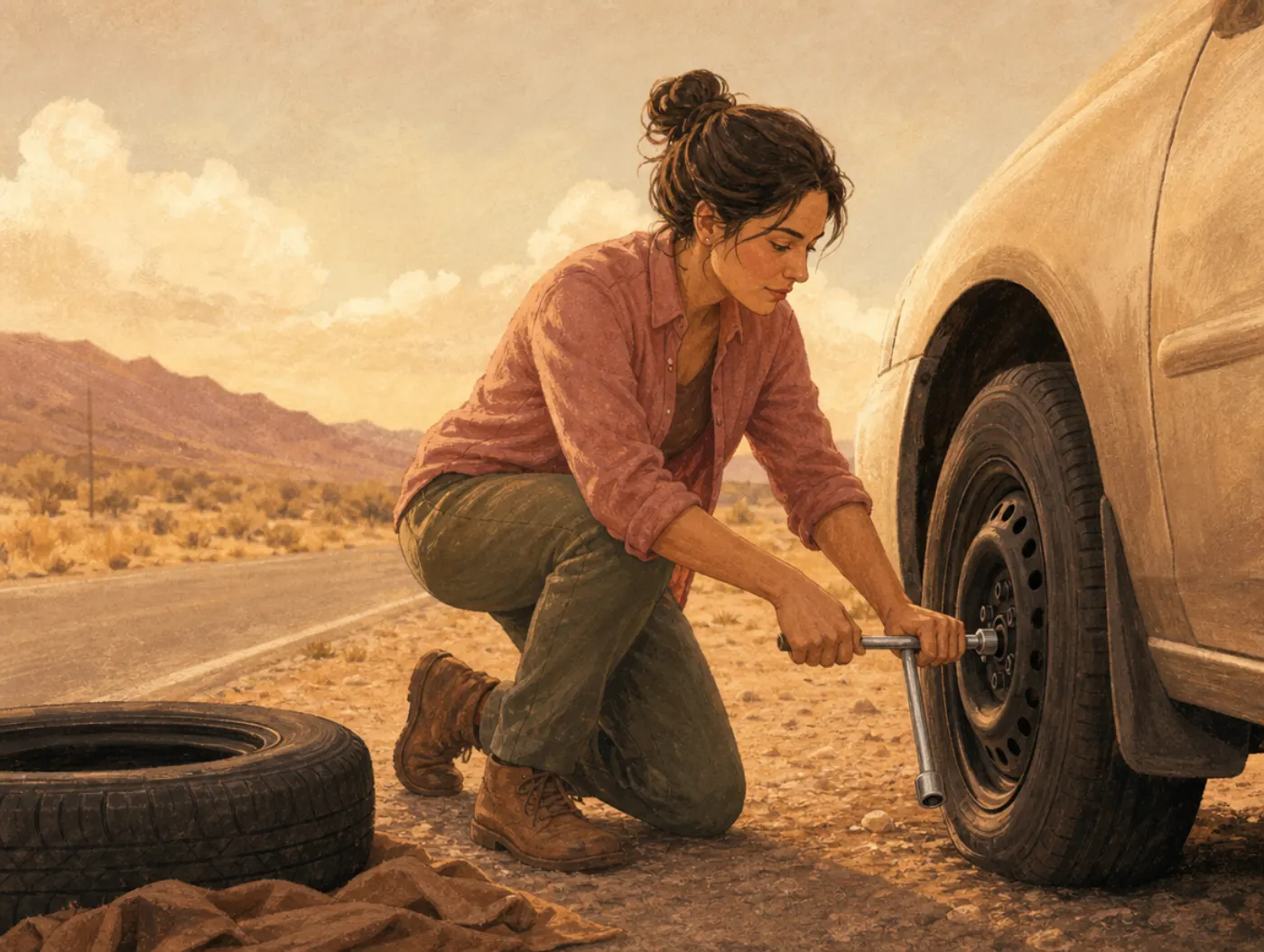 Sense of Mastery Test: an adult kneels roadside changing a flat tire, hands on the lug wrench
