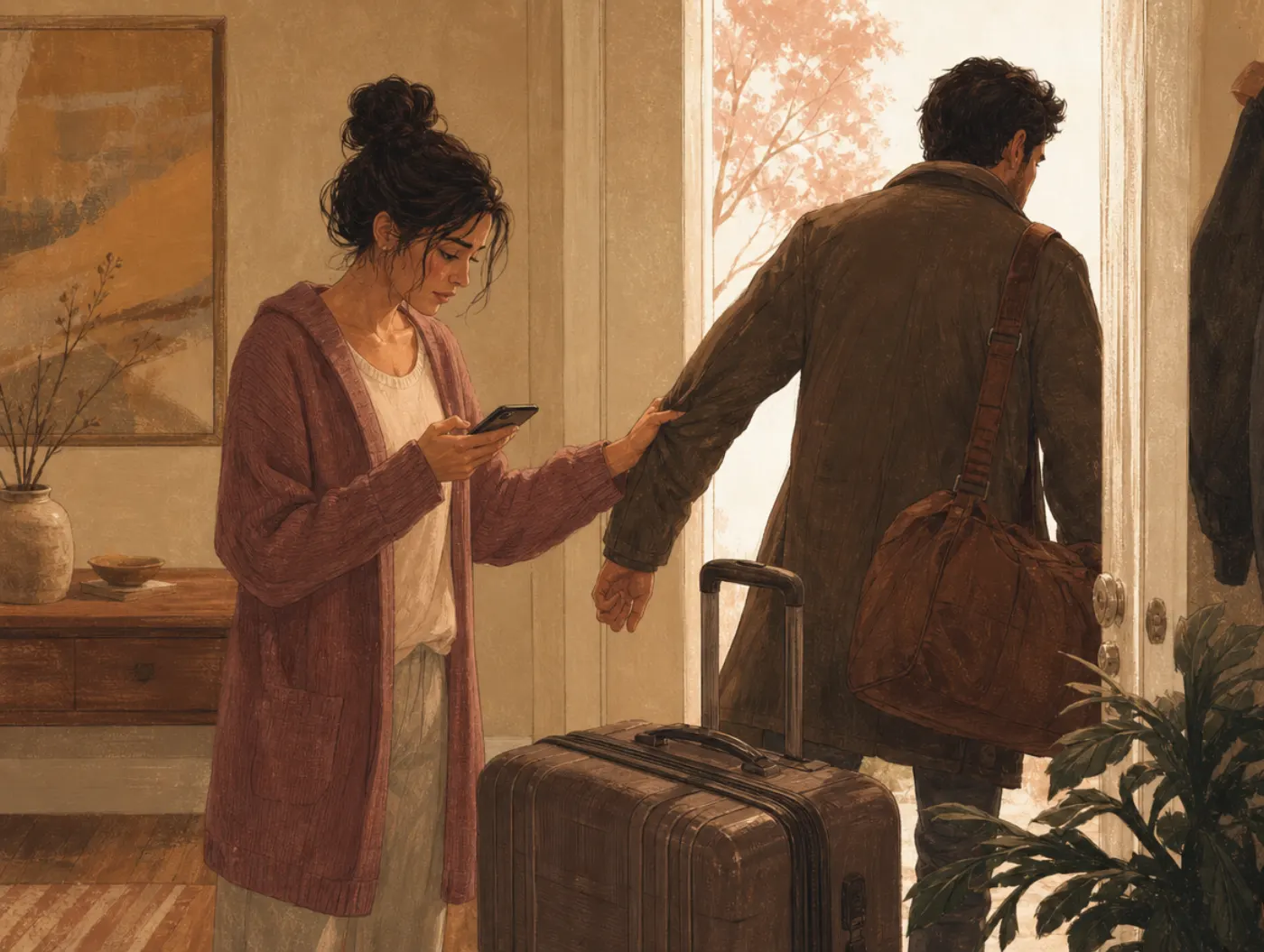Adult Separation Anxiety Test: gripping a partner's sleeve at the door as they leave, suitcase packed nearby