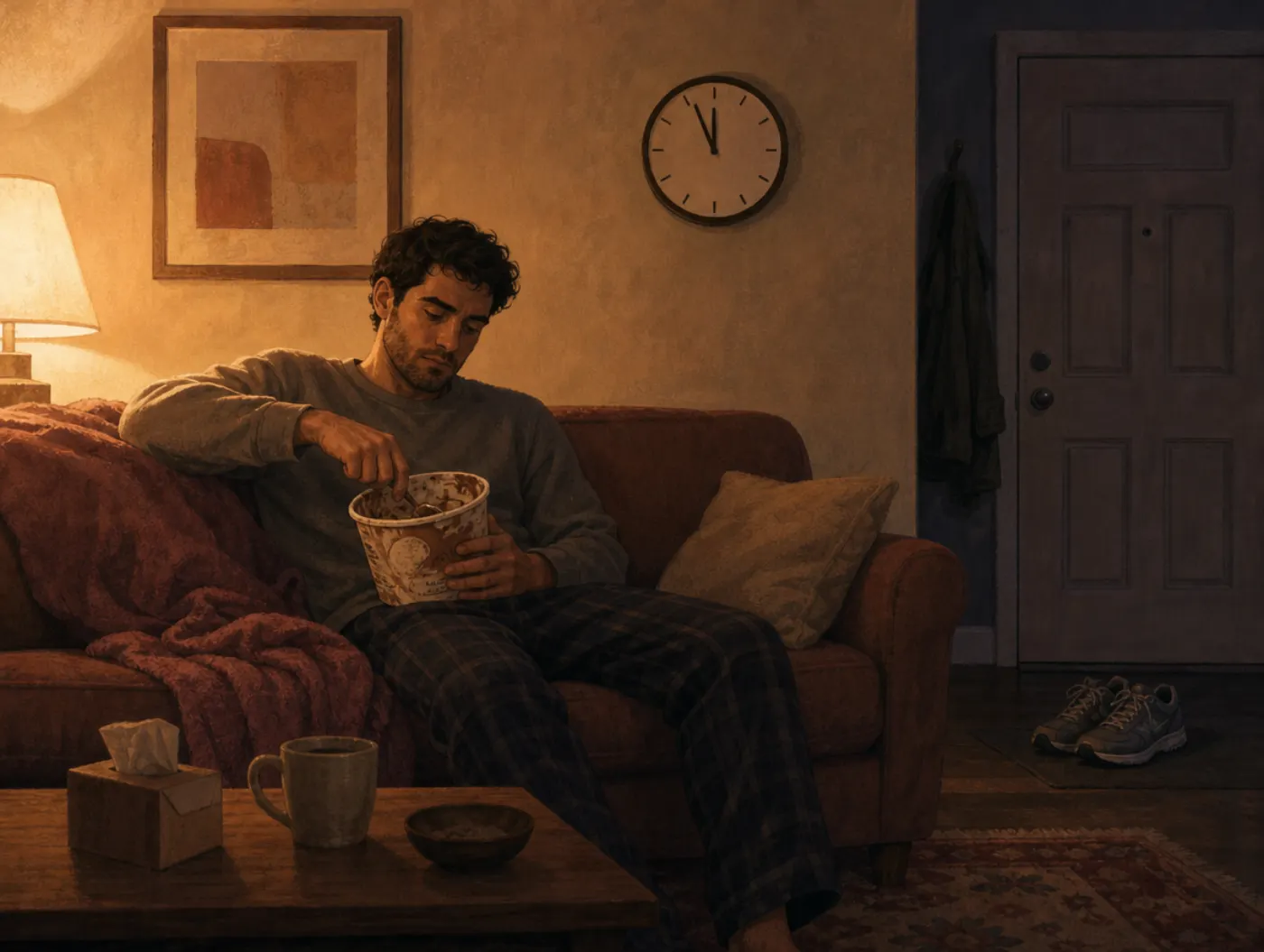 Seven Deadly Sins Test: Your Leading Vice: a man on a sofa near midnight eating ice cream, running shoes unused