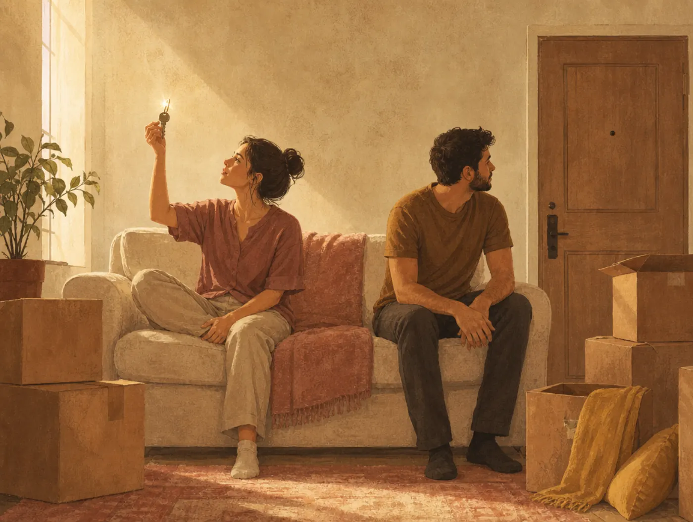 Should We Break Up Quiz: a couple on a couch, one holding up a shared house key, moving boxes stacked near the door