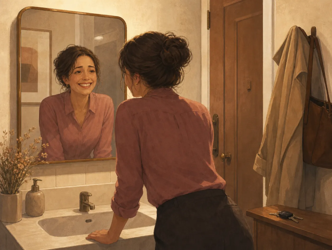 Smiling Depression Test: a woman holds a bright smile in a mirror while her shoulders sag and one hand grips the sink