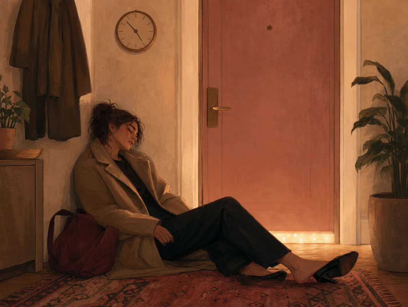 Social Battery Test: a tired person sits on the hallway floor inside a closed door, coat on, eyes closed, resting