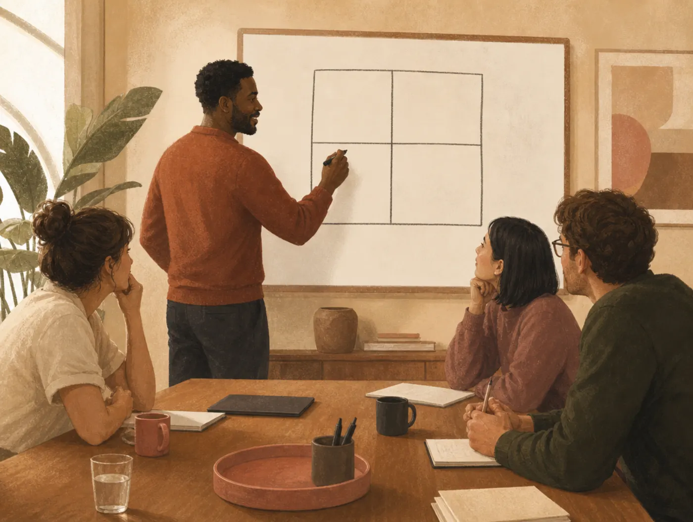 Social Style Test: Driver, Expressive, Amiable or Analytical: a manager draws a grid on a whiteboard