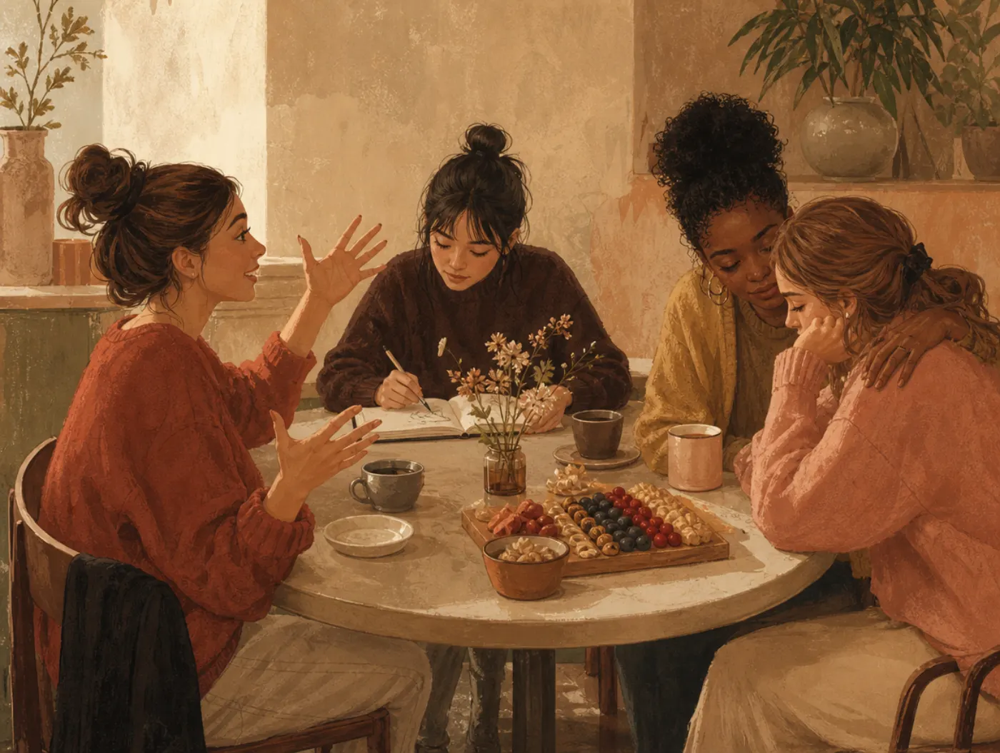Socionics Test: Find Your Sociotype: four friends at a cafe table, each showing a distinct temperament side by side
