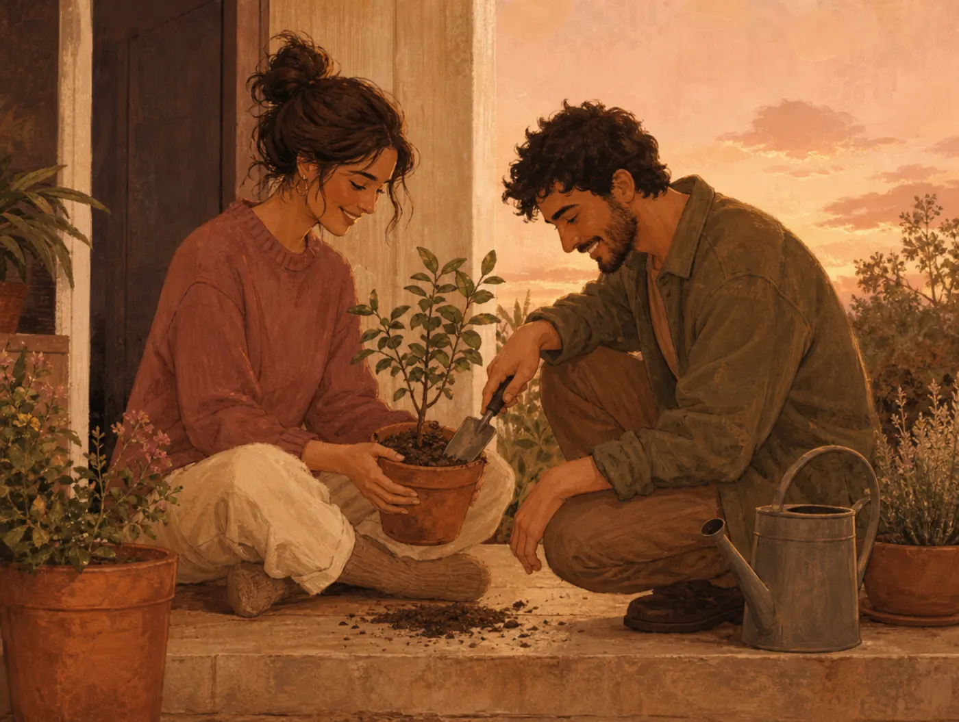 Soulmate Test: Destiny or Growth Beliefs: a couple on a porch step repotting a small plant together at dusk