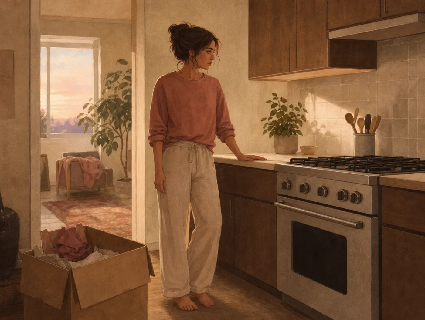 Spiritual Awakening Test: a woman stands barefoot in her dawn kitchen, hand on the counter, looking unsettled but calm