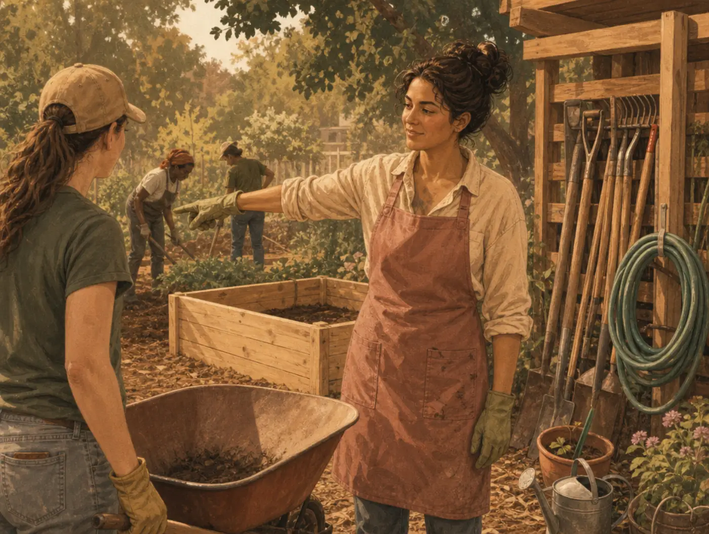 Strengths Test: a woman in an apron directs a volunteer to a wheelbarrow at a busy community garden work day