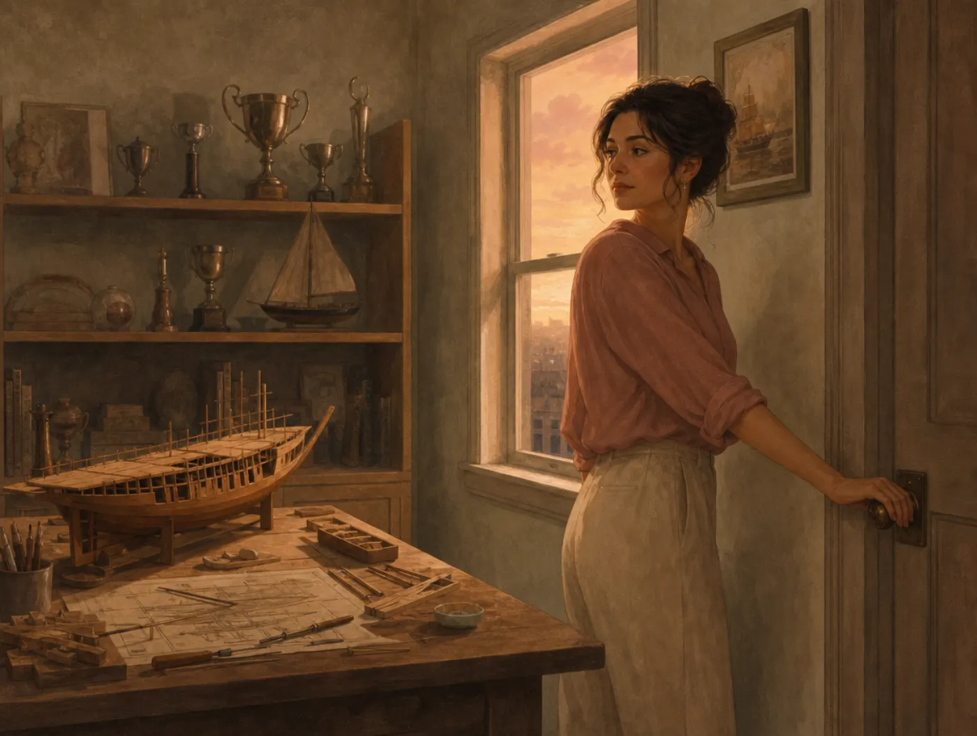 Thematic Apperception Test: Story Motives: a woman at a hallway door glances back at unfinished model ship pieces