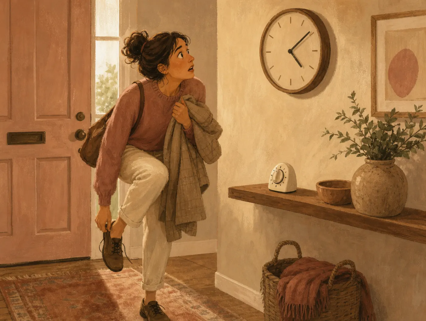 Time Management Test: an adult rushing out the door with one shoe on, glancing up at a wall clock