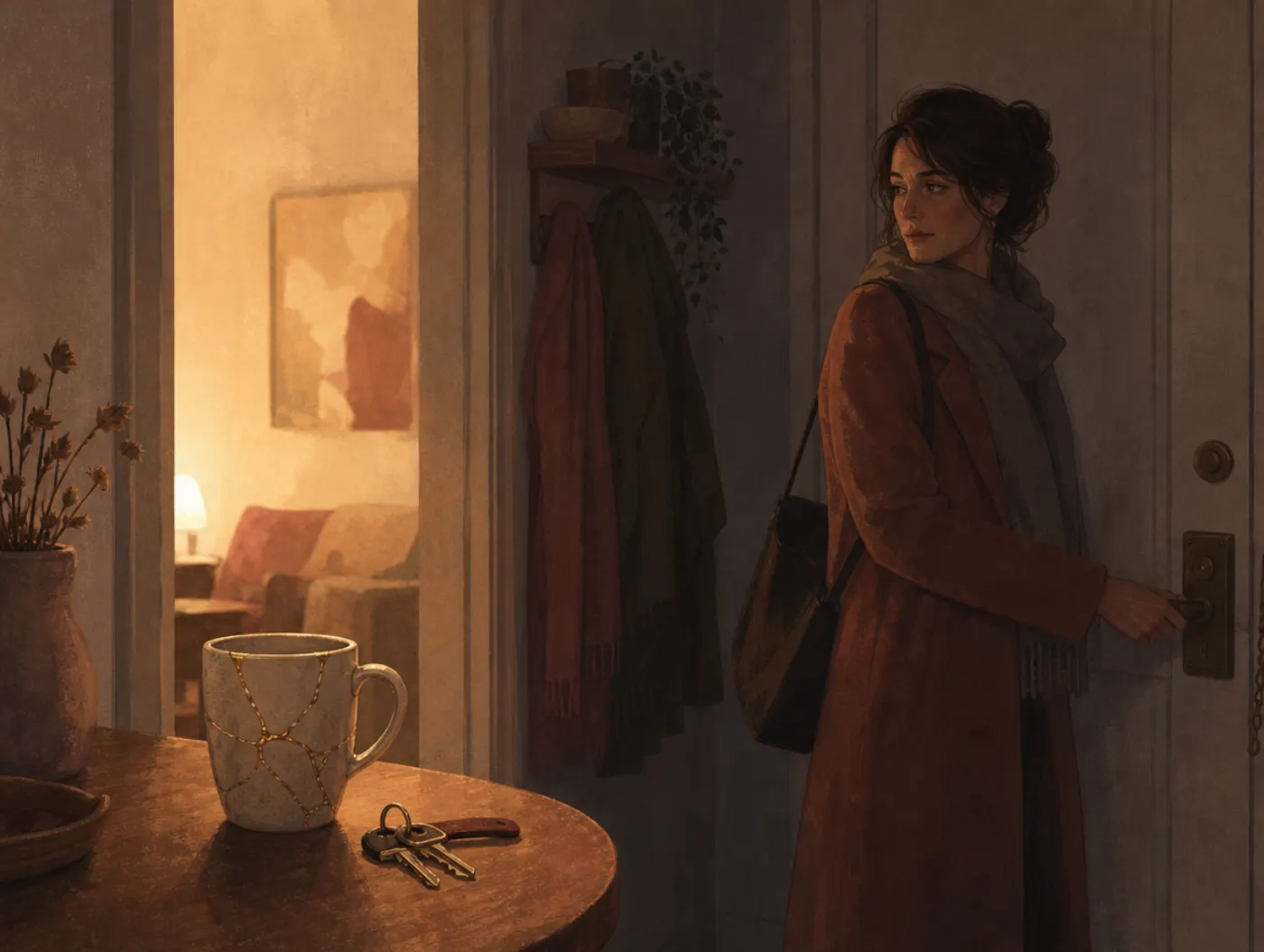 Trauma Bond Test: a woman at her front door, coat on, hand on the handle, glancing back at a glued-together mug