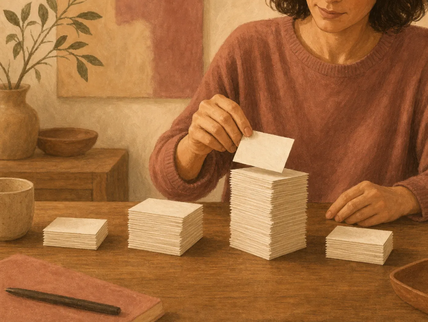 Personal Values Test: an adult sorts blank cards into four ranked stacks, placing one atop the tallest pile