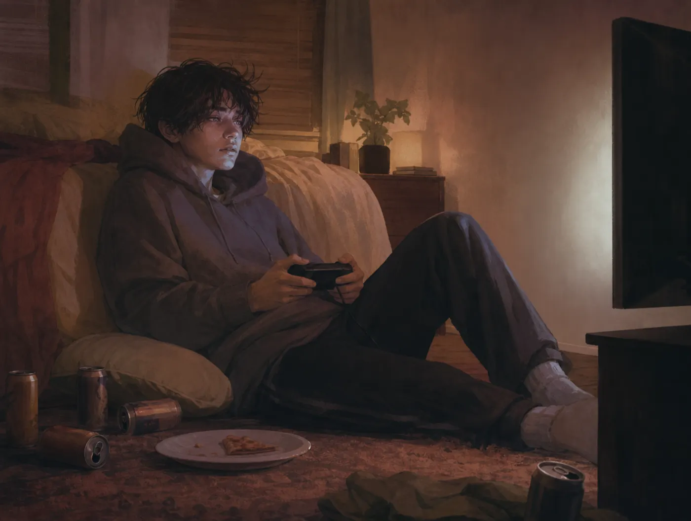 Video Game Addiction Test: person gripping a controller in a dark room past 3am, empty energy drink cans and untouched f