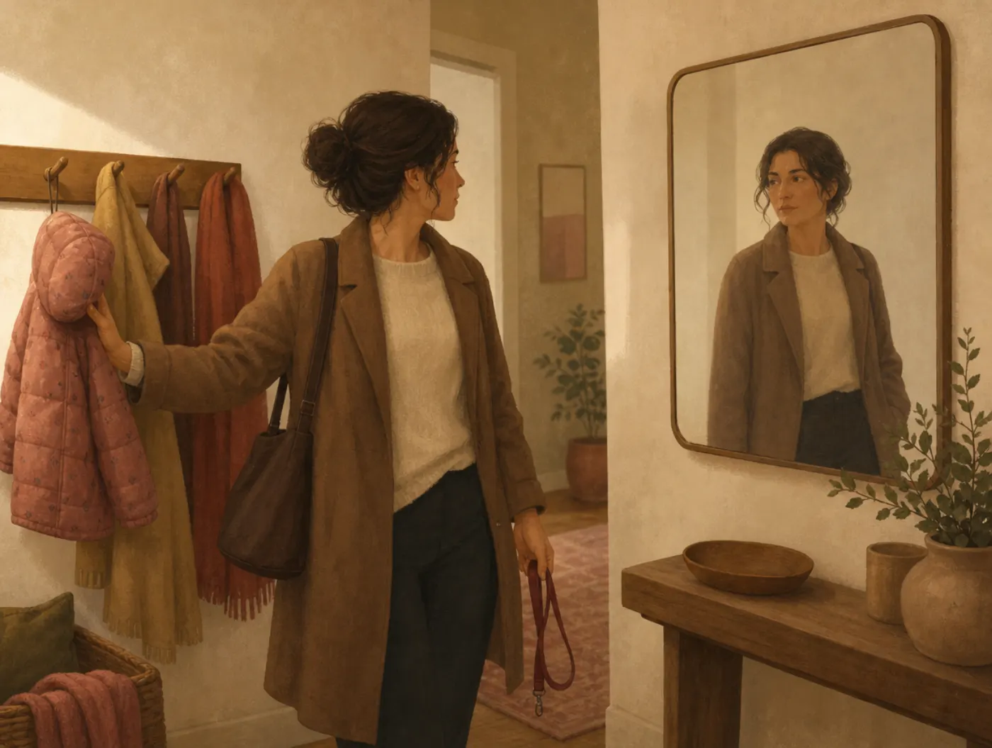Who Am I? Quiz: Your Identity Profile: an adult pauses in a hallway, hand on a coat rack, studying their mirror reflecti